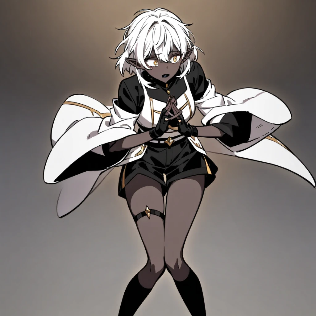 full body anime style portrait of a dark-skinned male wizard with short black hair and a few white strands, wearing tribal style outfits, against a minimalist white background, (best quality,4k,8k,highres), concept art style