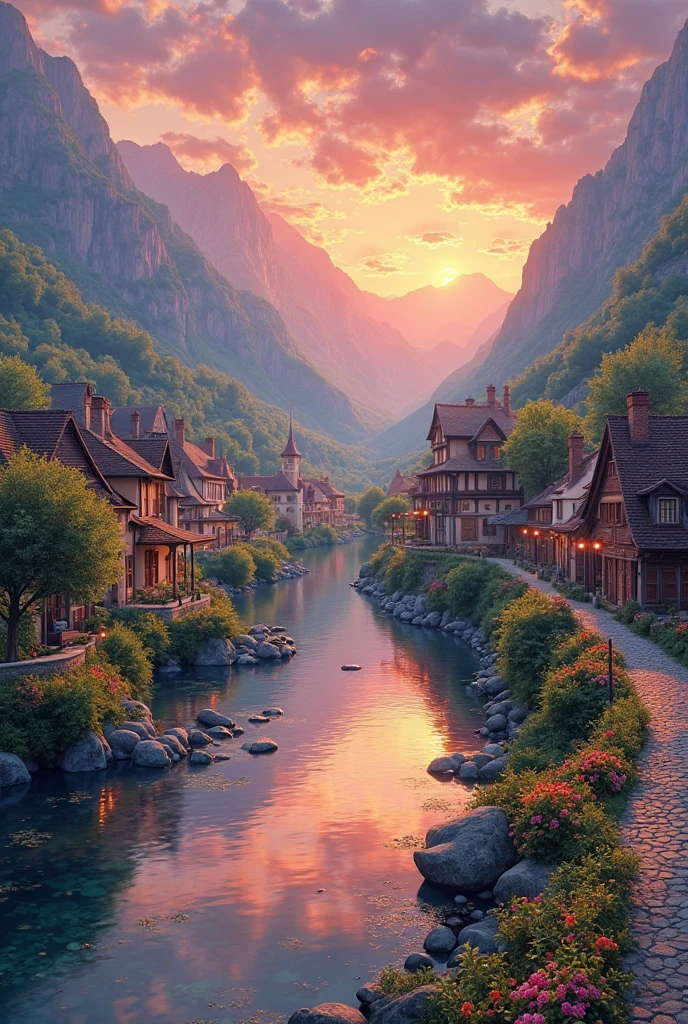 a small village by the river, mountains in the background, floral flowers colorful, detailed landscape, Beautiful natural landscapes, atmospheric lighting, scorching sunset, warm colours, practical, photopractical, Detailed Foliage, complex buildings, cobblestone street, Charming country house, swirly vibrant colors, lush vegetation, Still water reflections, Picturesque, idyllic, work of art, best qualityer, 8k, extremely detaild,anime styling