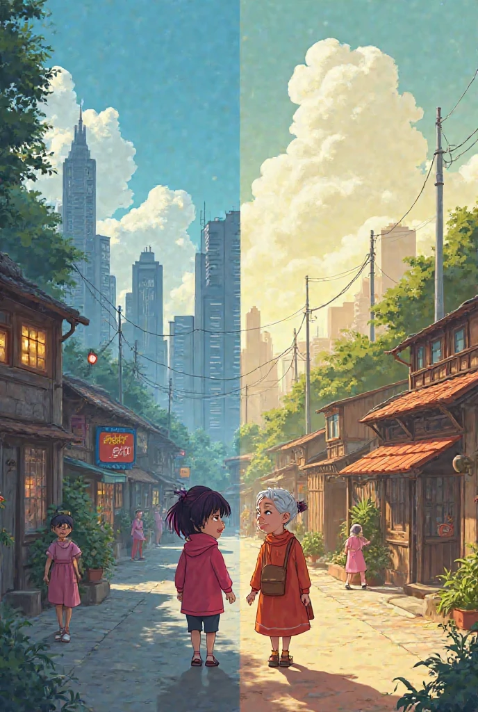 IMAGE PROMPT SET for Storybook Illustration
Title: “Then and Now – A Grandmother’s Perspective”

Style: Soft cartoon or semi-anime / digital illustration

Tone: Warm, emotional, generational contrast


✅ Image 1 – Book Cover / Page 1: Introduction
Scene: A full-screen split illustration


Left half: A modern city — skyscrapers, cars, neon signs, busy sidewalks


Right half: A vintage rural village — dirt roads, wooden houses, people in traditional clothes


Add characters:


Left side: A modern  girl (Yana) with bold magenta-black hair in city clothes


Right side: An older woman in traditional clothes, smiling softly in the village



Mood: Peaceful yet contrasting


Add title at top: “Then and Now – A Grandmother’s Perspective”

Optional overlay text (at bottom): “Life changes in ways we never expect…”
