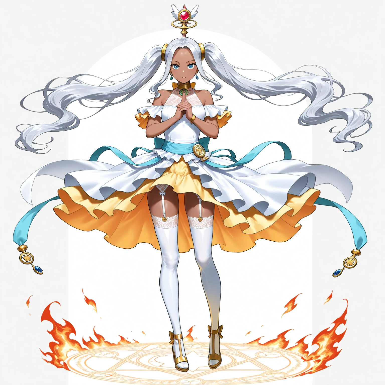 female, white long hair, red eyes, dark skin, (((1girl))), (((white and gold minidress))), (gold bracelets), (gold heels), cute and sexy, full body, large breasts, long legs, smiling