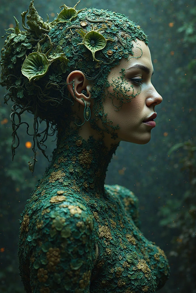 detailed portrait of a woman, goddess, wearing giant nepenthes as an intricate dress, dramatic fantasy,mystical atmosphere, cinematic lighting, highly detailed 4K, hyper-realistic, masterpiece, ultra-detailed, physically-based rendering, sharp focus, vivid colors, dark moody colors, ethereal, fantastical, glowing, dramatic lighting, surreal, mystical, atmospheric