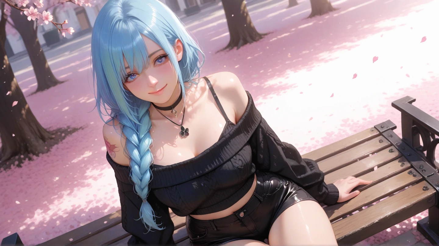8K、top-quality、Masterpiece、An ultra-high picture quality、ultra-detailliert、Super beautiful、animesque、Ultra-realistic flesh feeling、full bodyesbian、Drinking a latte、Off-shoulder blue knitwear、Beautuful Women、Long blue hair、poneyTail、Blue eyes、shinny skin、Very gigantic-breasts、extremely big ass、shinny skin 、The background is a café --auto --s2
