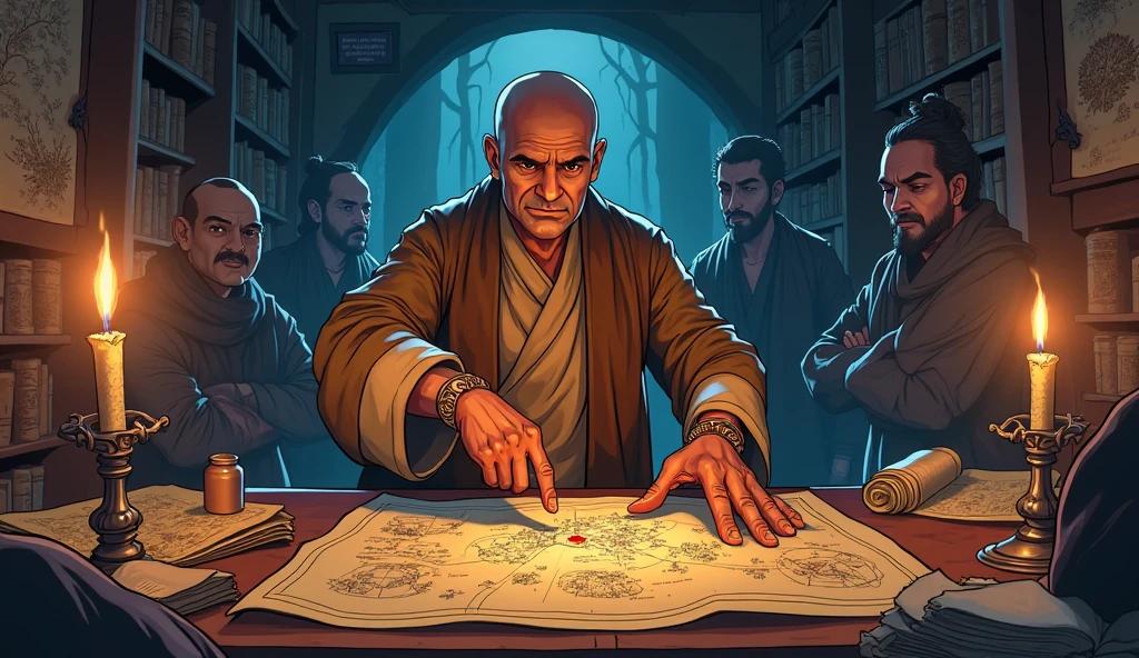create 2d cartoon style Dark, mysterious interior of a candle-lit room. Chanakya is seen surrounded by scrolls, maps, and spies in disguise. He points at a map of Magadh kingdom with red markings, plotting strategy.

