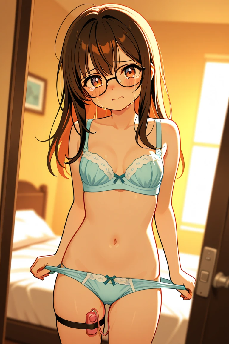 Highest quality, masterpiece, High resolution, (alone), {full moon_Fleet Collection:1.15}, Long Hair, Brown Hair, Glasses, brown_eye, red-framed_Glasses, semi-rimless_Glasses, Crescent Moon, black_Seraphim, blush, Under Rim_Glasses, One girl, Closed_eye, Open_mouth, School_uniform, (indoor, office, living room), , blackスカート, smile, (Petite), Flat Chest, (), (Junior Bra), Sports bra, (White underwear), From behind, Butt, Ol fours