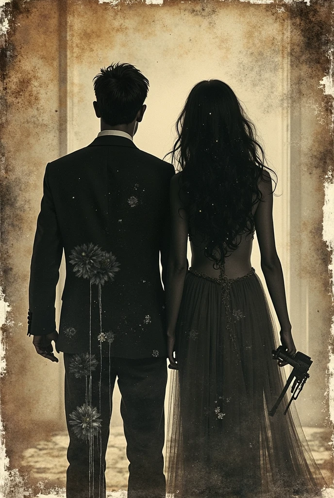 collage art、Lots of photos、Mr.々A picture showing a man and a woman、collage artのポスター、A selection of irregular photos、fear、Old Photographs、murderer、from behind、 horror、HD、top quality、masterpiece