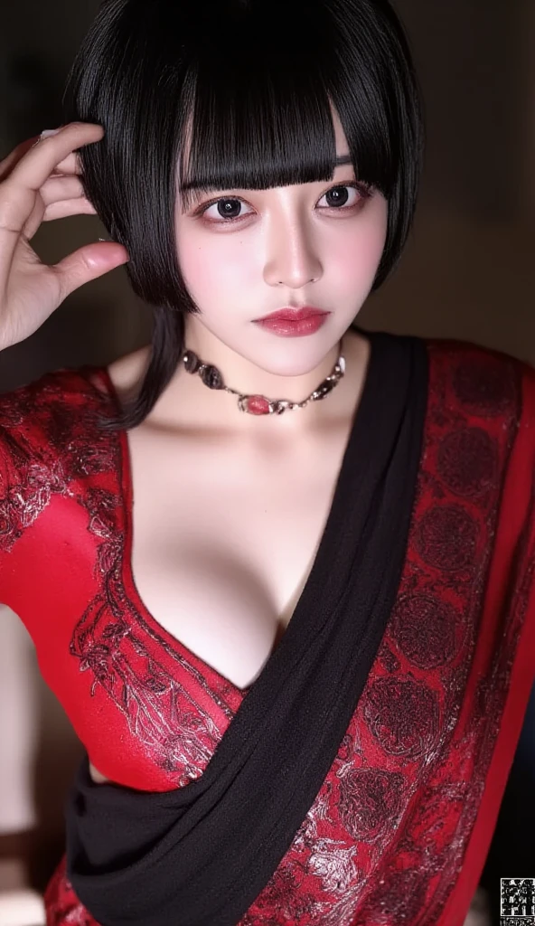 Sexy woman, MILF, neighbour, black hair in a bun, seductive eyes, blushing, seductive smile, amazing makeup, wearing a saree, lustful look, sultry pose