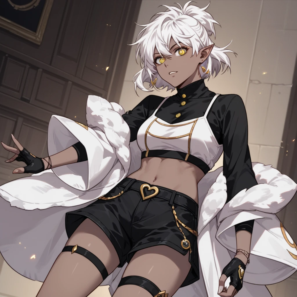 Tall Slender pale male, white hair and purple eyes, black crop top and white shorts