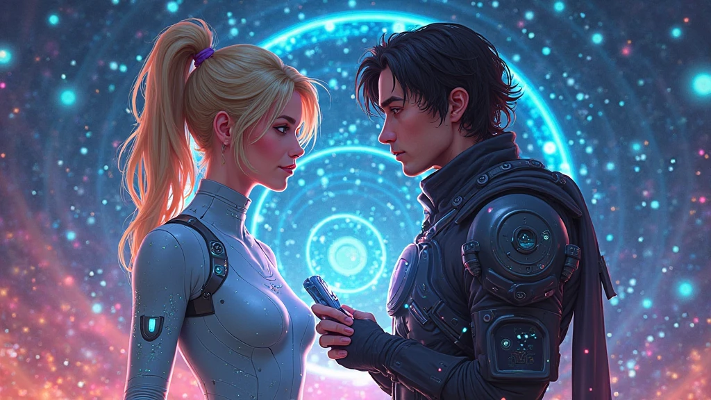 An image of a man and a woman who both dramatically save the world by going to another planet to stop threat.