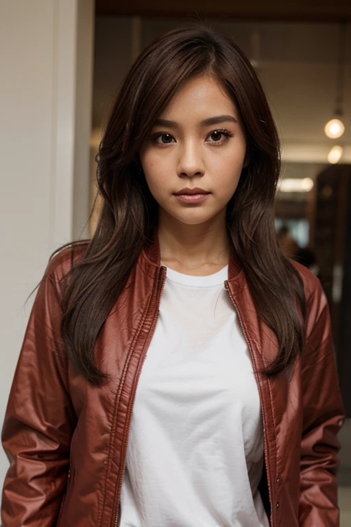 best quality, realistic, front pov, a female Indonesian supermodel, KristannaTX in a los angeles city street, night time, dark, (a female Indonesian supermodel), (wine red leather jacket:1.0), seductive smirk, (long hair), (dark hair) (straight hair:1.1), perfect face, perfect eyes, (deep focus), (clear lighting), (hard lighting:1.0)
