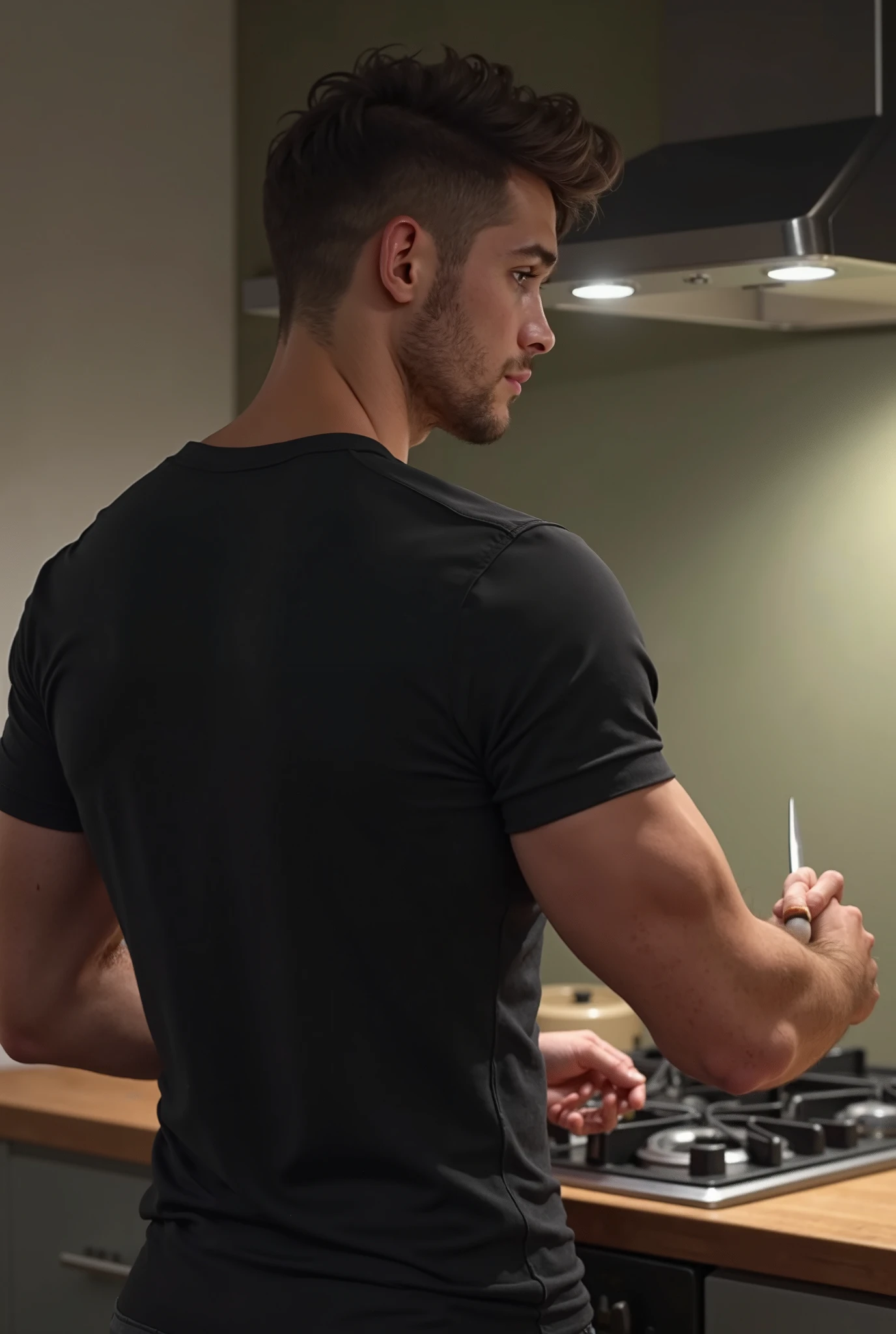 hyper realistic candid photo of a 24yo redneck male, average, (looking at camera:1.3), salon, analog style, masterpiece, pubic hair, stunned, short hair, slightly hairy chest, sleeveless shirt, from side