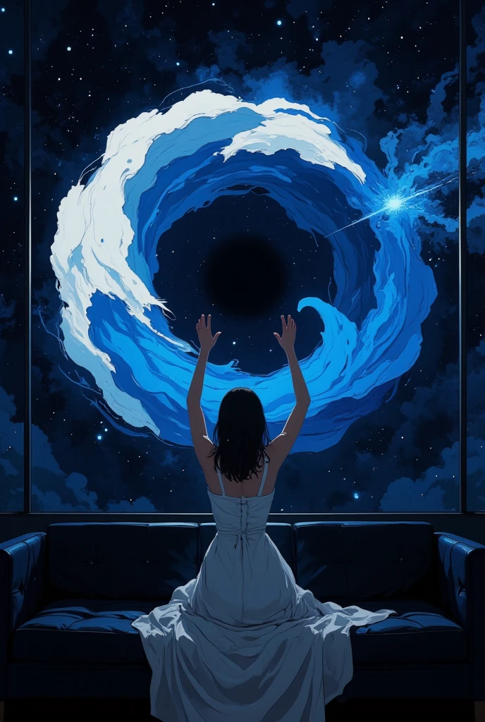 a woman in white dress, sitting on the couch, she is raising her hands touching the window glass, she is watching outside the window, a blue spiral galaxy appearing in the night sky, cinematic, very aesthetic, starry sky.