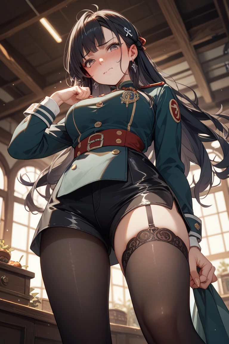 Japanese girl Black ponytail hair Black military uniform tights Prisoner Tied up with rope and hung from the wall