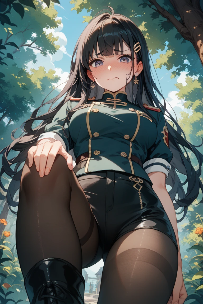 highest quality、(real、photorealistic:1.4)、(RAW photo:1.2,(Curve,Model,glamor:1.5),Beautiful breasts,(from below:1.2),(from side:0.9), ((Face)), (Close-Up:0.4), ((looking at viewer, holding a cup of coffee)), highest quality、(real、photorealistic:1.4)、(RAW photo:1.2),highest quality,(masterpiece),(((Whole body image))),(a 18yo girl), (Highly detailed face),Slightly round face, (Tan brown face:1.0), Boyish beauties, beautiful face, Beautiful lips,Baby Face,(Big eyes),((black,hair,long pony tail hair)),thin pubic hair,cute,lovely,(strong silver hair:1.2),(blunt bangs),(Brown skin:1.0),(Military uniform, bulletproof jacket),nice companion,delicate body、thin legs,beautiful black dress,black gloves, black thighhighs, white panties,(double breasted,under bust:1.2)in the kitchen Woman in survival mode,Sexy thighs,Heat,Sweat heavily,Tropical forests,During a break,sit cross-legged on the ground,The way the light shines is beautiful, Beautiful buttocks,(with sparkling eyes and a contagious smile),little open mouth,black suspenders,Bulging big,breasts,walls: Black miniskirt,garters,Gaze,Small face,bangss,holster,Beautuful Women,hands up,leg holster,Gaze,black boots panty shot, provocation,flank,flank sweat soio,arm,,narrow waist,(with sparkling eyes and a contagious smile),her thin pubic hair, looking at viewer, pose muy sexy"