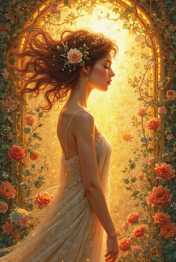 Generate images in the Mucha Art Nouveau style for me on the theme of healing and self-love, solaire et rayonnante 