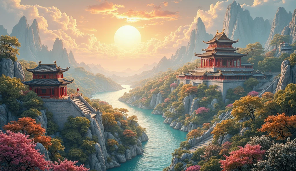 depicts the prosperity and majestic scenery of the heyday of the Tang Dynasty。The，The glorious palace soars into the clouds，standing in a vast royal garden。with vivid flowers and trees Decorates the entire landscape，They sway in the breeze，Exudes a fragrant aroma。far away，the Yu River winds through the earth，The water is rippling，like a dragon lying on the ground，, giving people endless imagination and infinite grandeur。And the sky，, and the clouds intersect to shine，reflecting a bright round of the sun，illuminates the entire river and mountains。
