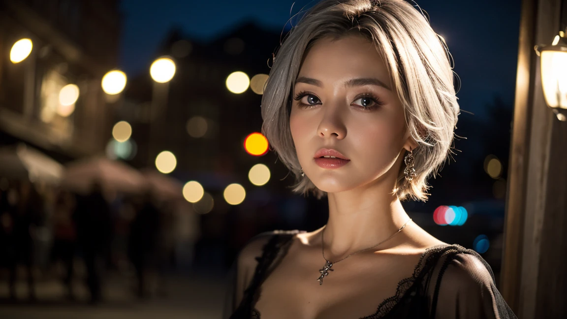 top quality, masterpiece, Ultra High Resolution, (real:1.4), original pictures ,gothic,1 person,female,Gray Hair,Background Night
