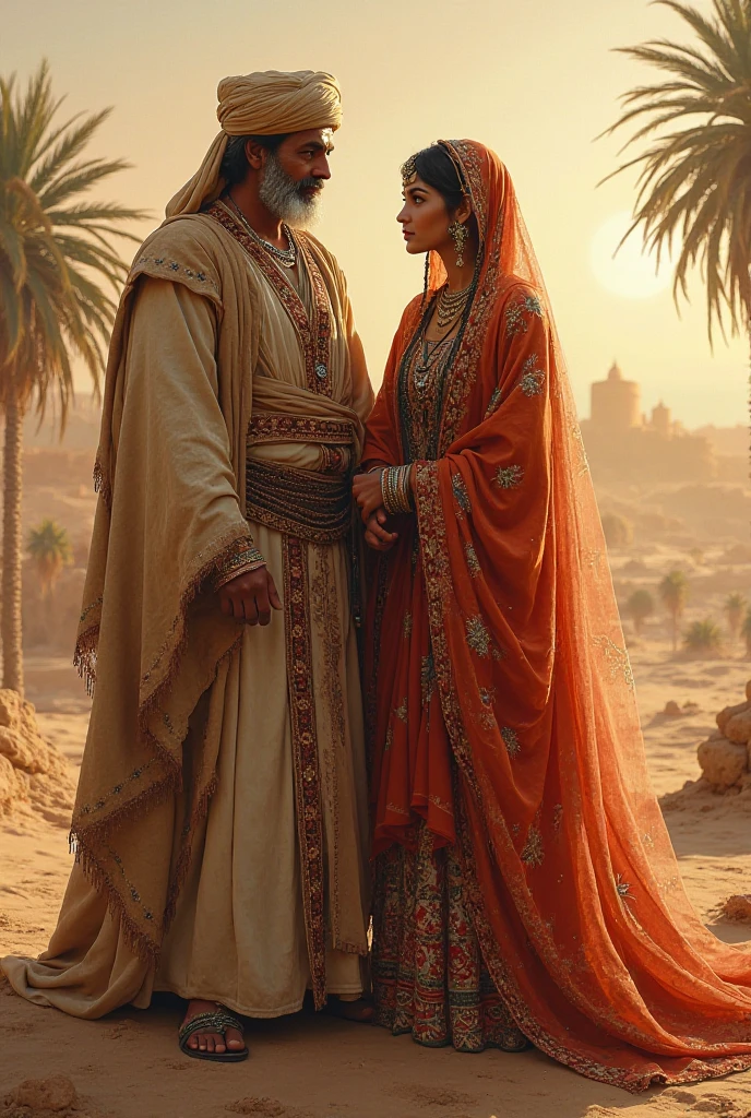 In the midst of a vast desert, an elderly woman engages in a conversation with two Rajput princes outside a grand, beautiful palace. The palace stands as a majestic oasis amidst the arid landscape. The princes, both strikingly handsome with strong builds and impressive mustaches, listen intently. Their regal presence and powerful physiques contrast with the serene wisdom of the old woman, creating a scene that blends age-old tradition with the timeless beauty of the desert setting.