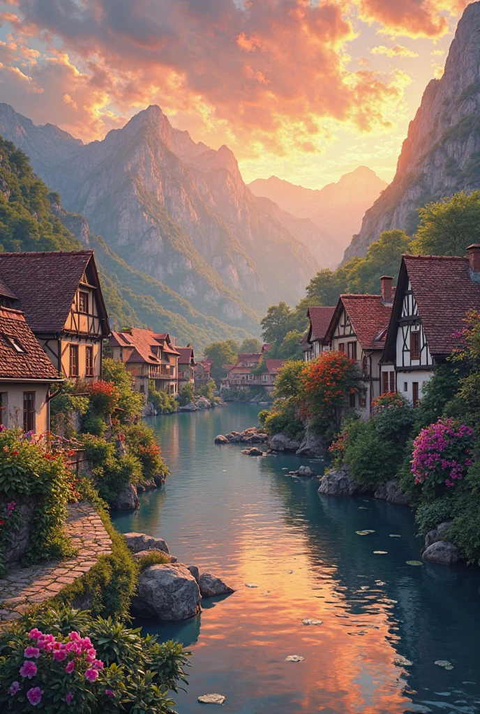 a small village by the river, mountains in the background, floral flowers colorful, detailed landscape, Beautiful natural landscapes, atmospheric lighting, scorching sunset, warm colours, practical, photopractical, Detailed Foliage, complex buildings, cobblestone street, Charming country house, swirly vibrant colors, lush vegetation, Still water reflections, Picturesque, idyllic, work of art, best qualityer, 8k, extremely detaild,anime styling