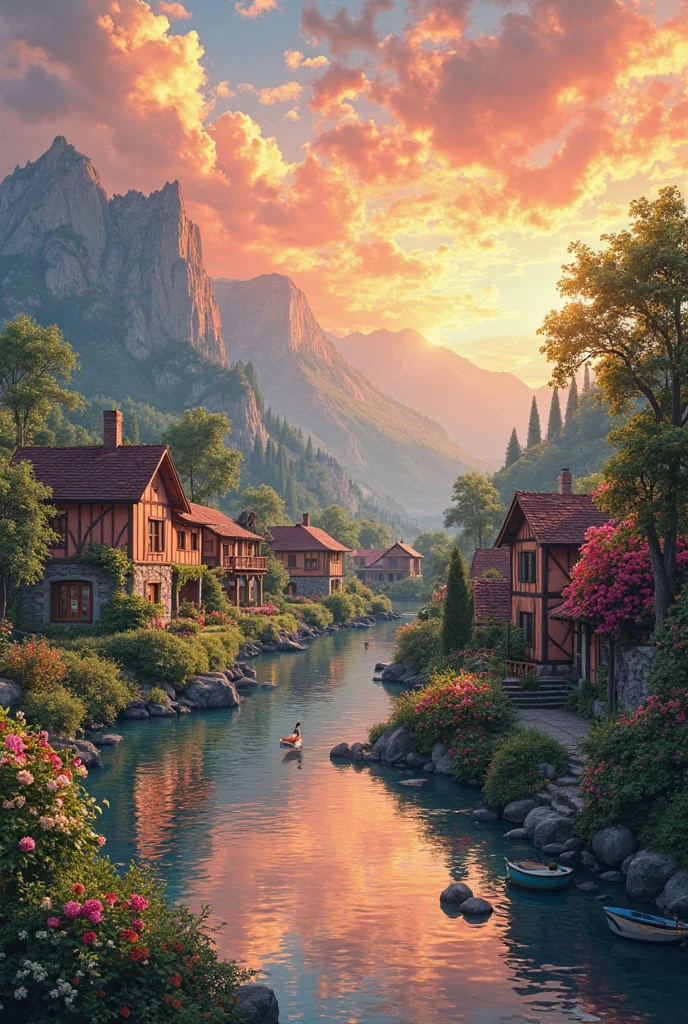 a small village by the river, mountains in the background, floral flowers colorful, detailed landscape, Beautiful natural landscapes, atmospheric lighting, scorching sunset, warm colours, practical, photopractical, Detailed Foliage, complex buildings, cobblestone street, Charming country house, swirly vibrant colors, lush vegetation, Still water reflections, Picturesque, idyllic, work of art, best qualityer, 8k, extremely detaild,anime styling