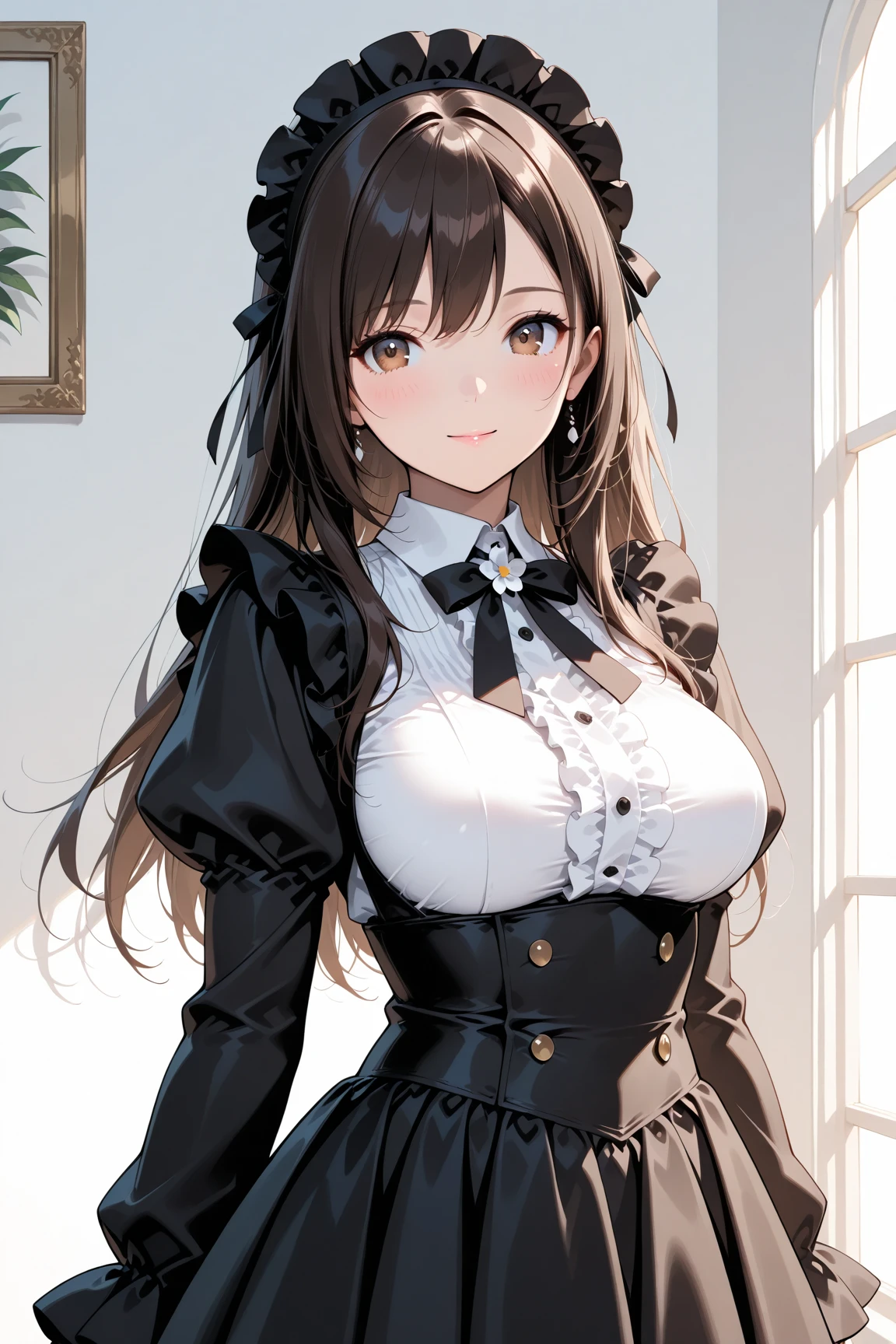 1lady solo, (Victorian female clothe), (dark brown hair) bangs, blush light smile, (masterpiece best quality:1.2) delicate illustration ultra-detailed, large breasts BREAK