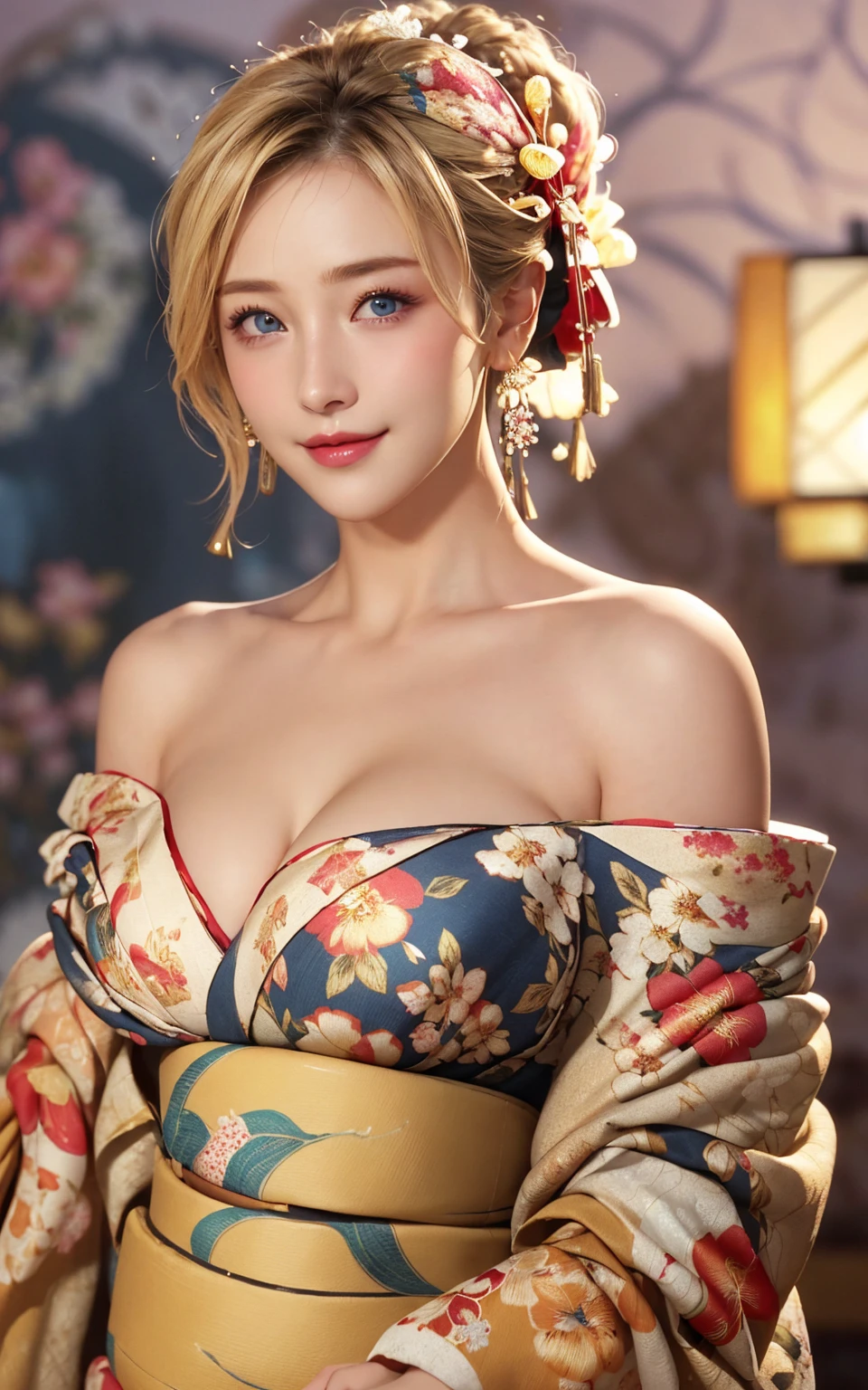 Realistic:1.8、Blonde、Italian、highest quality、1 girl、,Glowing Skin、Professional Lighting,Photorealistic、Perfect body、super high quality、Ultra-high Realistic image quality、Japanese、(Off-the-shoulder short length floral print kimono:1.6)、(Cleavage:1.5)、Tight waist、(blonde:1.3)、(Blurred Background)、(Grin)、、blue eyes、blonde、Tattoos all over the body、short hair、Hair tied up、Full body photo、Sexy Face、short hair、 A look of complete lust、(((masterpiece)))、((highest quality))、((超Realistic))、成熟したwoman、成熟したwoman、perspective、Very detailed、The perfect temptation、Best image quality、Fine-grained image quality、beautiful、European, woman, French, woman Italian, Italian, smile、blue eyes、jewelry, blue eyes, Realistic, High resolution, Soft Light,Hip Up, Glowing Skin, (Detailed face),tattoo, jewelry, , night, blonde, Wavy Hair,attractive appearance, smile, Perfect Style, Perfect balance,