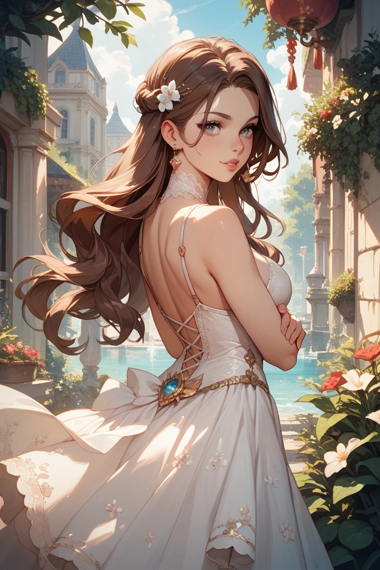 Beautiful girl with long brown hair crossing her arms and making a dodgy face while standing in Nioh