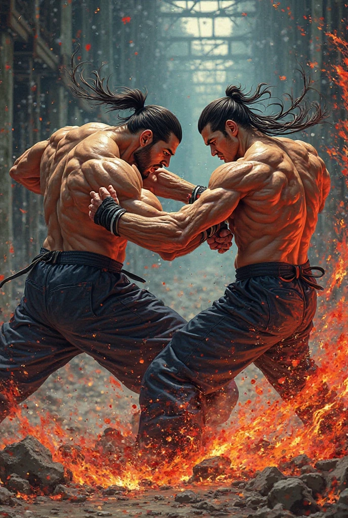 A vicious man turns his back to the viewer and flexes shirtless. He has extensive dragon themed tattoos.