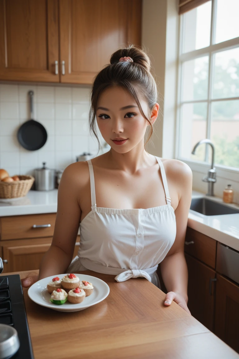 photo of black hair female, natural skin, realistic skin, beautiful refined oily skin, real skin texture, sharp face lines, skinny face, slim beautiful japanese face, masterpiece, high resolution, 21 years old, busty female, american mixed japanese ethnic female, Perched on a kitchen counter, in a cute apron and nothing else, biting into a freshly baked cookie, a blend of domestic charm and tempting naughtiness