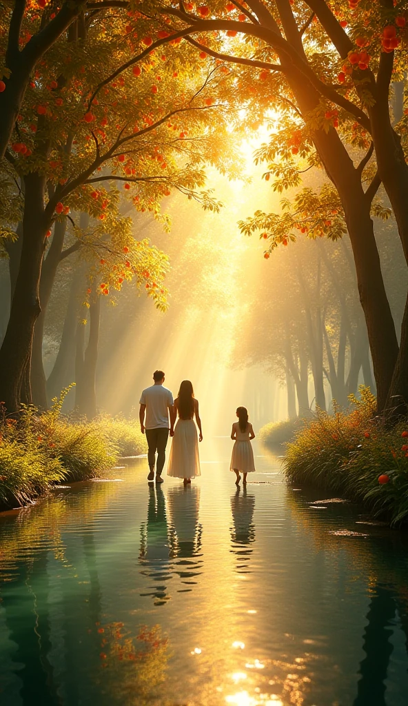 address: "The first bliss of heaven"

Scene : an eternal garden - heaven

The camera flows quietly among the tall trees. Their leaves shine in colors that are not found in the world, and their branches are heavy with amazingly shaped fruits that are bright and full of perfume.

The first shot: Adam is standing on the edge of a stream of clear water shining with light, reflected on his still face.. behind him. Eve walks lightly, her eyes look at what is around her..

Adam and Eve's clothes are completely covered, loose from light fabric, soft to the touch, and blend with heaven's breeze. covers the whole body elegantly and smoothly, Without identifying physical features.

. The second shot is: Adam extends his hand to a fruitful tree, its fruits are hanging brightly, as if it were a living pearl. is picked and presented to Eve with a warm smile.. Eve takes it gently, eats from it and closes her eyes, enjoying.

sounds Light birds are heard in the background. Their melodies are full of peace.. . The trees whisper in an incomprehensible language that makes the heart feel safe.

The third shot: Adam sits under the shade of a huge tree, its legs are light and its branches are like clouds.. Eve sits next to him, and the fruits fall slowly around them, as if heaven honors them..

Fourth shot: . Various quick shots of the fruits of heaven:

, a fruit that opens and comes out of it..

is a cluster of light from which clear nectar flows.

A tree that opens its flowers and turns into soft transparent fruits.

 The end : Adam and Eve walk among the trees, their hands intertwined, their eyes on endless bliss, in peace and quiet, and a light halo surrounded by. the camera goes up to reveal the vastness of heaven and its renewed bliss.