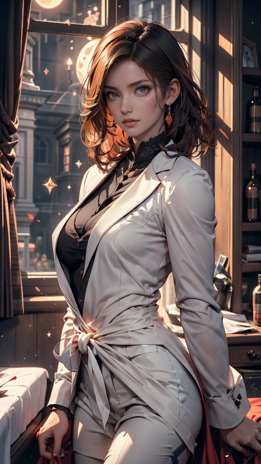  night ,  pitch black , At the window, A lovely woman,  white suit, panic, energy flow, Red Moonlight, dark eyes, Super detail on the face, short black hair with waist, Super detail on the face, extremely realistic, 4K, chiaroscuro, Ultra High Resolution