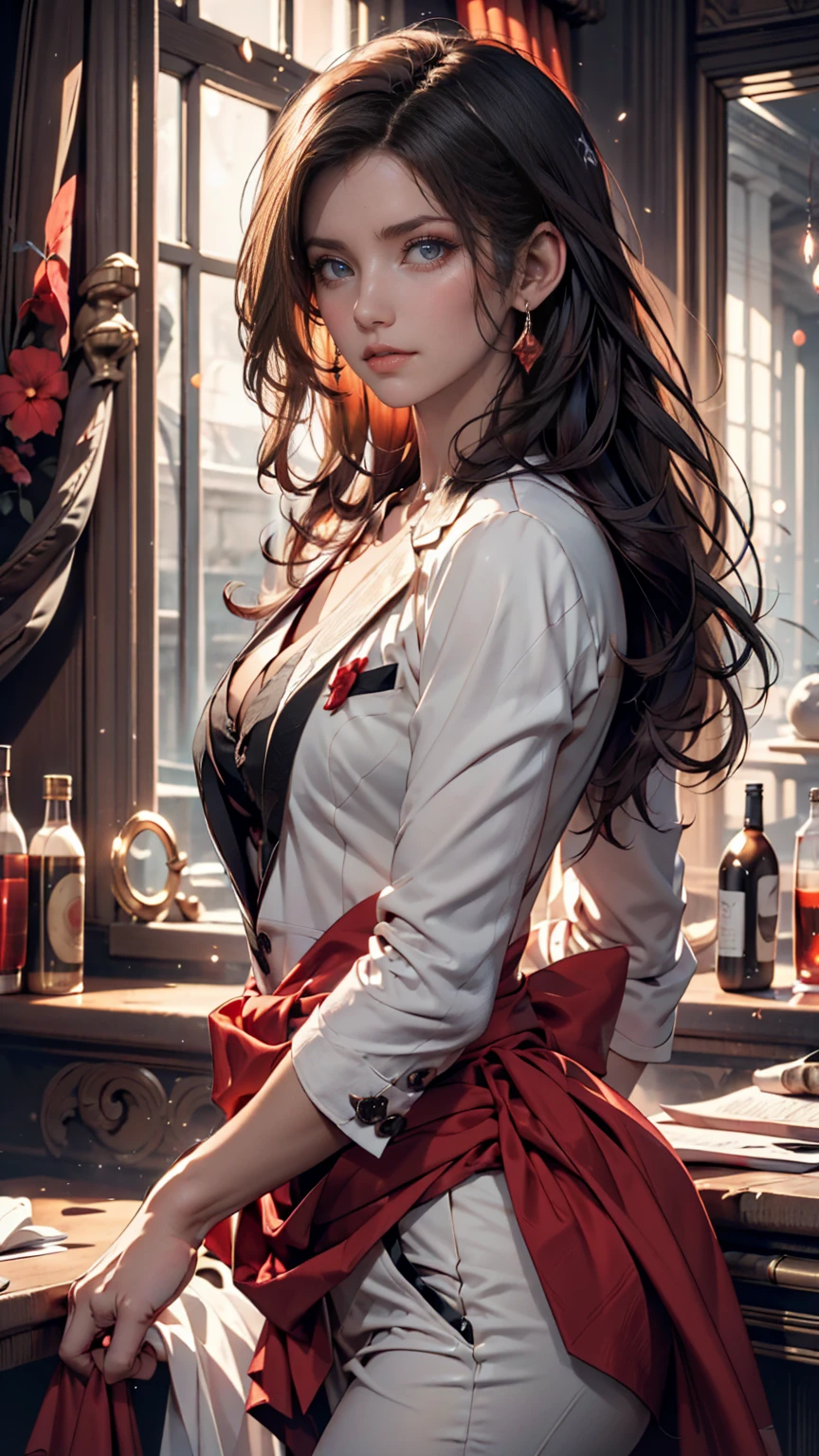  night ,  pitch black , At the window, A lovely woman,  white suit, panic, energy flow, Red Moonlight, dark eyes, Super detail on the face, short black hair with waist, Super detail on the face, extremely realistic, 4K, chiaroscuro, Ultra High Resolution