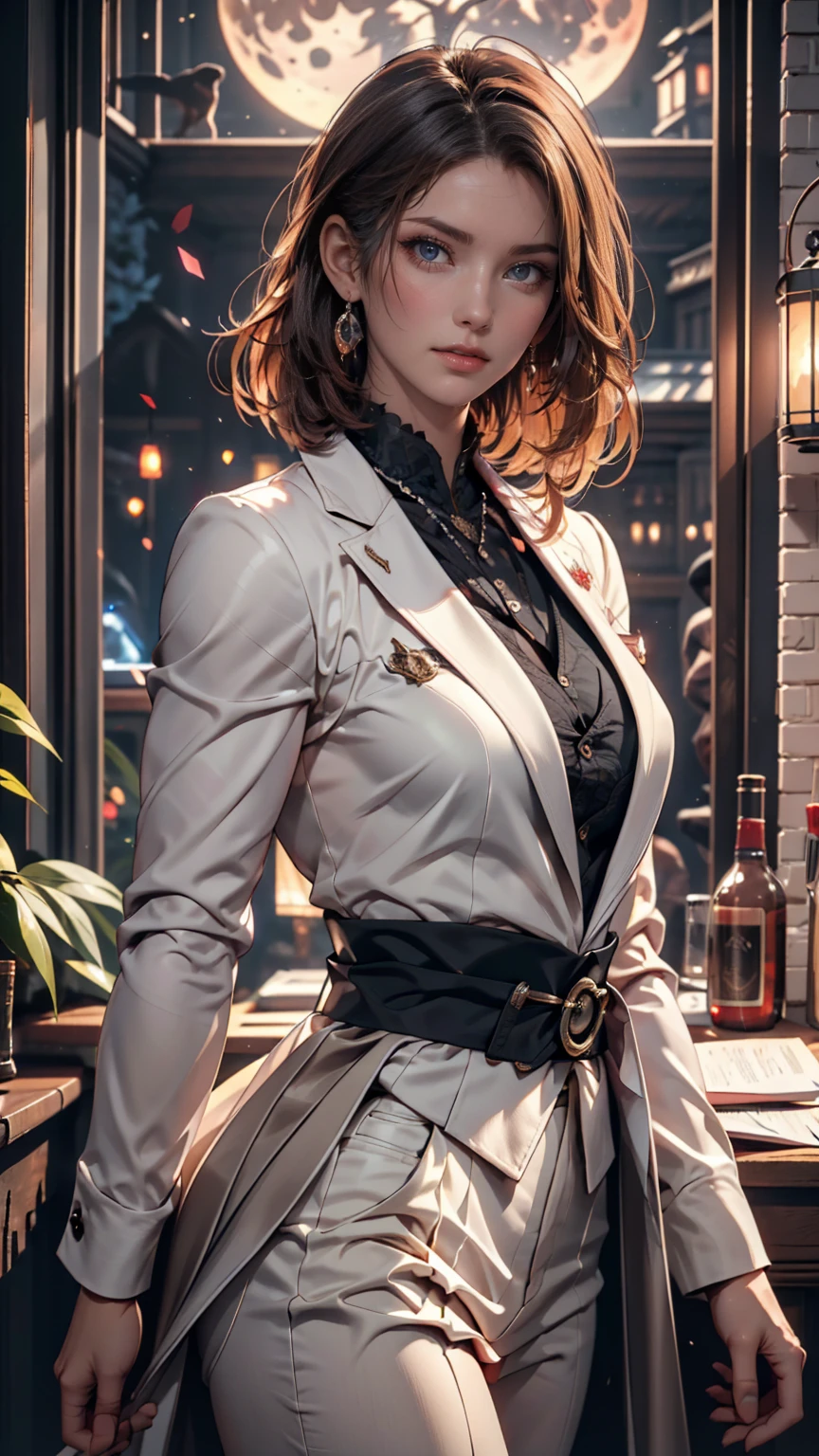 night , pitch black , At the window, A lovely woman, white suit, panic, energy flow, Red Moonlight, dark eyes, Super detail on the face, short black hair with waist, Super detail on the face, extremely realistic, 4K, chiaroscuro, Ultra High Resolution