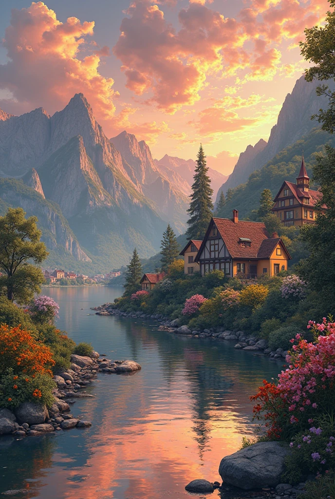 a small village by the river, mountains in the background, floral flowers colorful, detailed landscape, Beautiful natural landscapes, atmospheric lighting, scorching sunset, warm colours, practical, photopractical, Detailed Foliage, complex buildings, cobblestone street, Charming country house, swirly vibrant colors, lush vegetation, Still water reflections, Picturesque, idyllic, work of art, best qualityer, 8k, extremely detaild,anime styling and one beautiful girl and me ??????? 