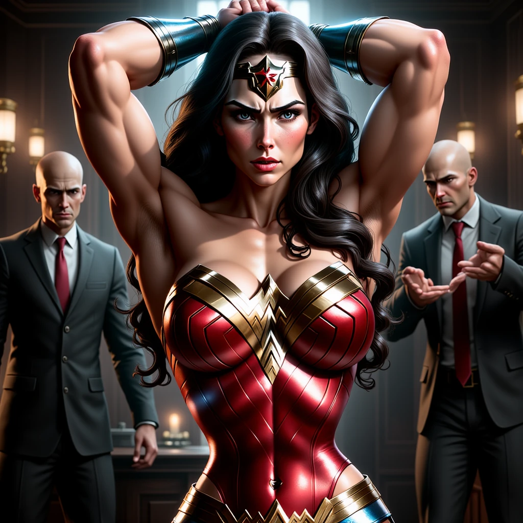 Absurd resolution, high resolution, (masterpiece: 1.4), super detail, ((over-sized conference room:1.3)), room is filled with monitors, ((a group of men in suits:1.3)), standing and seating, all looking at the big monitor, monitor showing a wonder woman only, very shocked and surprised expressions, ((wonder woman, (intricate details, makeup), (delicate and beautiful delicate face, delicate and beautiful delicate eyes, perfectly proportioned face), (shiny skin: 1.0), delicate skin, strong and realistic blue eyes, realistic black hair, lips, makeup, natural skin texture, tiara, jewelry, star \(symbol\), leotard, silver bracelet, red knee-high boots, golden belt, (public clothing: 1.5), bare shoulders, Slightly sunburned, mature, sexy, elastic muscles, (muscles: 1.2), ((strong and healthy body)), ((((more) muscles))), long legs, curves, (big breasts: 1.3), cleavage, thin waist, soft waist, (delicate skin), (beautiful and sexy woman), (swollen lips: 0.9), (eyelashes: 1.2), very delicate muscles, perfect body, perfect ???????)),