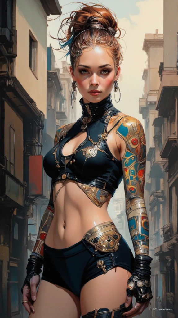 chloë grace moretz、Sticking out the navel、newyork、She wears a torn Spider-Man suit,wearing skirt、abstract photorealistic、artistic、Alphonse Mucha's painting(​masterpiece、top-quality、hight resolution:1.4)、detaileds、複雑なdetaileds、4K、color splashes、line-drawing、Fibonacci、