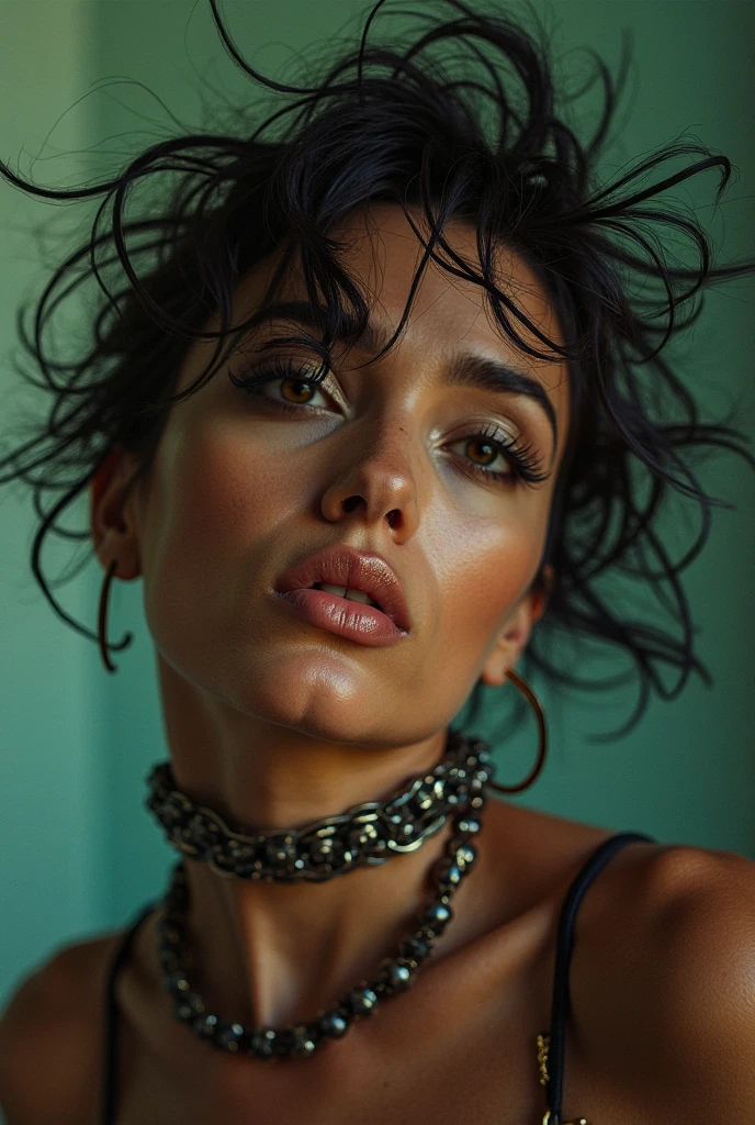 arab woman, young, naked, very curly mullet, septum piercing, dimples, thick belt around neck, naughty expression, tranparent plastic bag over head, choking, red shiny latex bodysuit, close-up, UHD, retina, masterpiece, accurate, anatomically correct, textured skin, super detail, high details, high quality, award winning, best quality, highres
