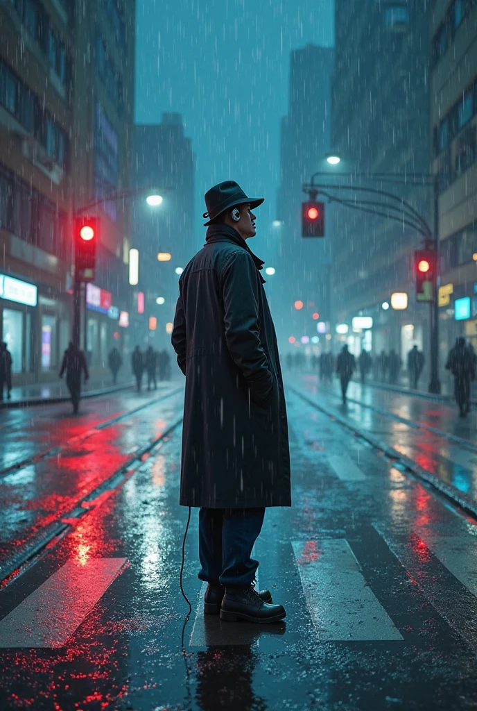 glasses/black coat/Gender Man /male students( itself)/black hat cap/headphones(wireline)
background/night/rain/in the middle of the pedestrian crossing in section 1 of the crossing/Vivid(cold)/ itself以外亡霊やハッカー///降ってくるrainの方向斜め上をみてる