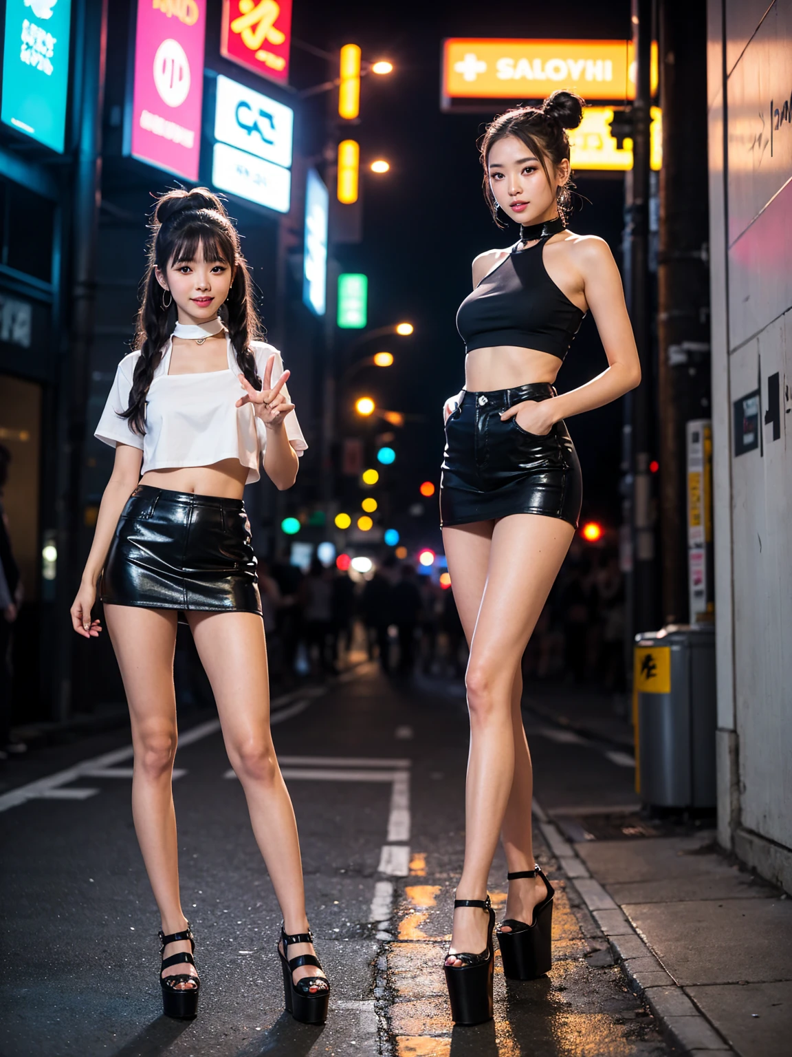 Three cute and beautiful Japanese girls in sexy black outfits. Women doing sexy dance poses.