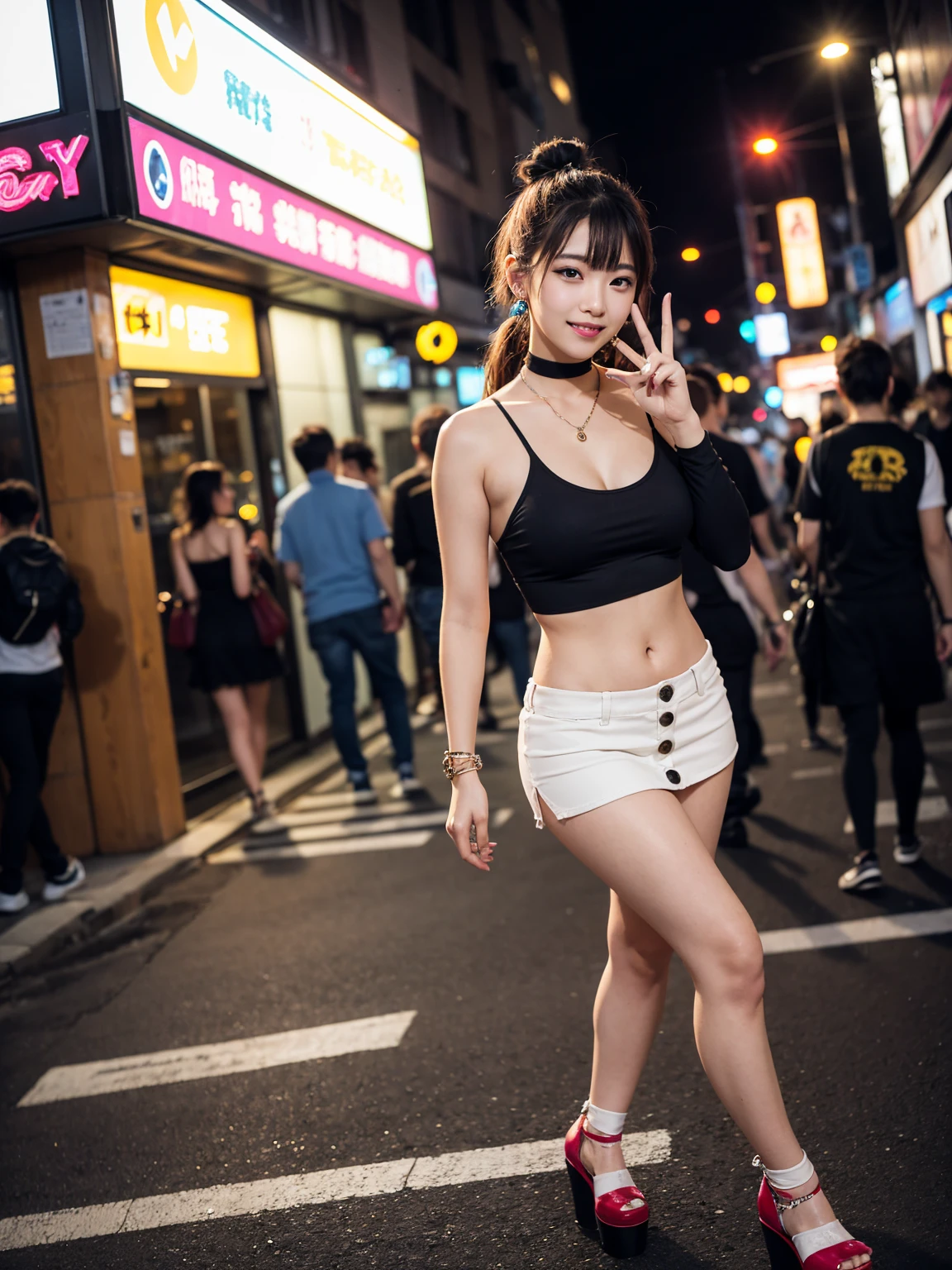 1girl Thai, 22 yo, "Lisa idol K-Pop, solo, white miniskirt, big breasts, navel, short hair, looking at viewer, midriff, realistic, blurry, cleavage, big breasts: 1.8, blurry background, red camisole, brown eyes, black hair, crop top, collarbone, red lips, bangs, white flip-flops, outdoors, arms at sides, People in bikini playing Songkran festival backdrop, body wet, road Bangkok illuminated by the glow of string lights as dusk settles in. Soft, ambient light from nearby lamps and the fading sunset casts a warm, full body.