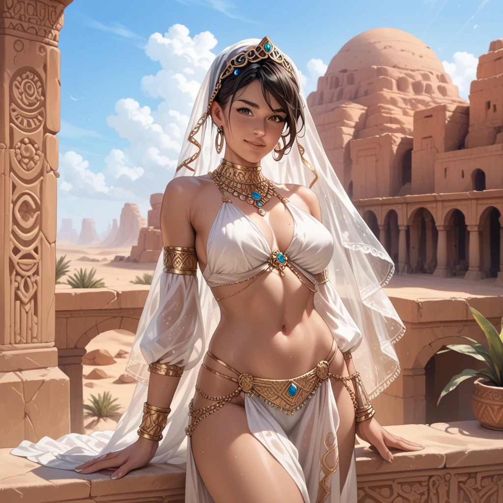 A mysterious and elegant woman from a matriarchal desert culture. She wears a flowing, bright veil and finely layered garments, typical of a desert society. Her eyes are expressive and intelligent, with a calm, impenetrable gaze. She stands on a roof terrace in warm evening light, in the background subtle Sabay desert architecture. The atmosphere is calm, complex and emotionally charged.