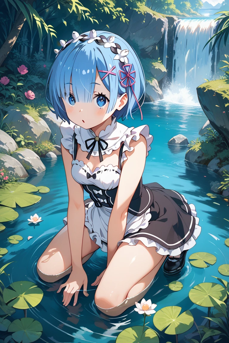 (Masterpiece: 1.6, Best Quality), (Fine Beautiful Eyes: 1.2), ph_rem, Remhd, 1girl, Blue hair, Solo, Blue eyes, Maid, Sea, Bay, Daylight, Tree, Wave, Raise Your Arms, Micro Bikini, Swimsuit