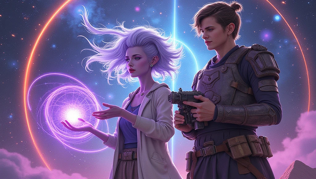 Create a stirring sci-fi illustration for a YouTube thumbnail that embodies the heart of “Beyond the Stars: Echoes of the Void Choir.” In the foreground, show:
• Dr. Lumi Arendt – an alien female scientist with light-purple skin, pointed ears, and a resolute expression. She’s caught in a moment of singing, her voice manifested as swirling, luminescent sound waves flowing from her open palms.
• Rafe Kol – a battle-tested human mercenary standing protectively beside her, holding a compact futuristic instrument that resonates with her song. He has faint scars and weathered armor, signifying his harsh background yet supportive stance.
Behind them, the starry void merges with an abstract representation of the Choir’s harmonious energy: glowing arcs and spirals of color that suggest both cosmic vastness and musical rhythm. Convey a blend of awe, unity, and the transformative power of shared melody.