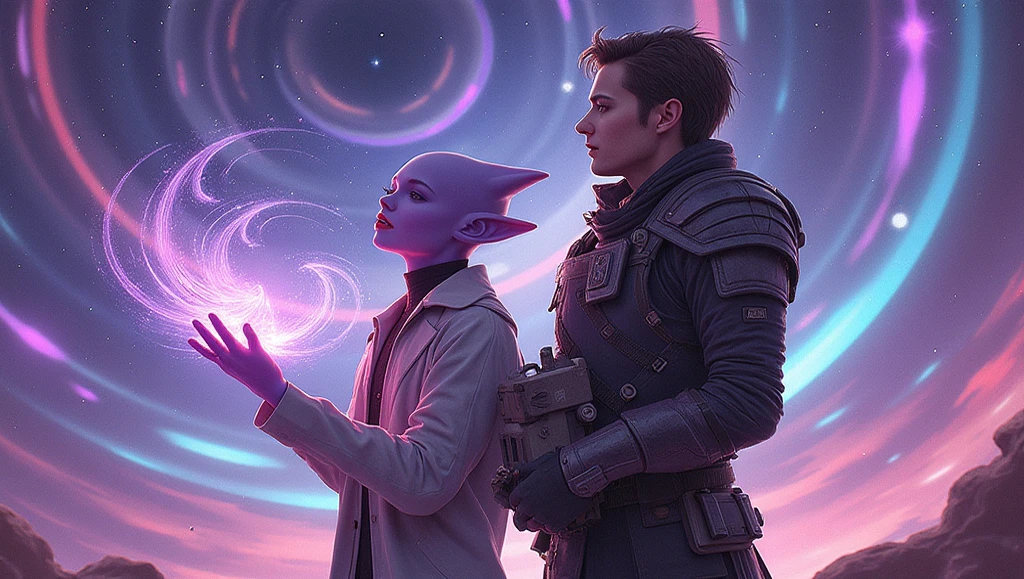 Create a stirring sci-fi illustration for a YouTube thumbnail that embodies the heart of “Beyond the Stars: Echoes of the Void Choir.” In the foreground, show:
• Dr. Lumi Arendt – an alien female scientist with light-purple skin, pointed ears, and a resolute expression. She’s caught in a moment of singing, her voice manifested as swirling, luminescent sound waves flowing from her open palms.
• Rafe Kol – a battle-tested human mercenary standing protectively beside her, holding a compact futuristic instrument that resonates with her song. He has faint scars and weathered armor, signifying his harsh background yet supportive stance.
Behind them, the starry void merges with an abstract representation of the Choir’s harmonious energy: glowing arcs and spirals of color that suggest both cosmic vastness and musical rhythm. Convey a blend of awe, unity, and the transformative power of shared melody.
