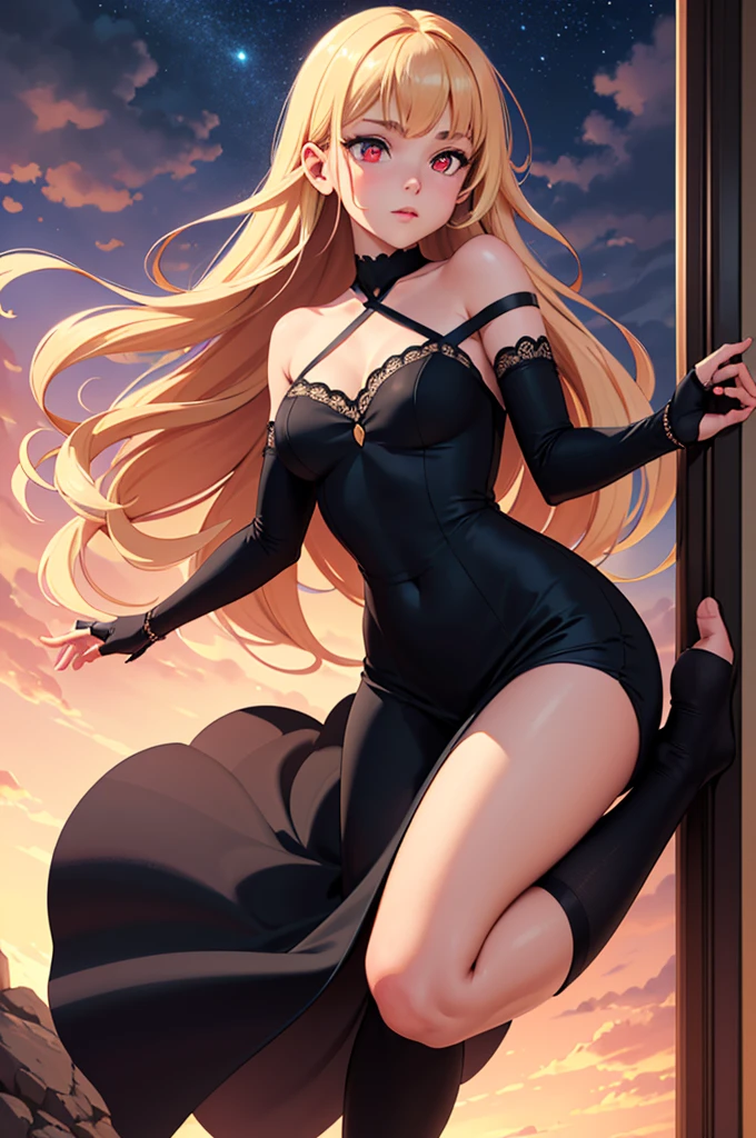 (work of art), (masterpiece), (best quality), a blonde girl, (blue eyes), wearing  nothing, brightly lit night city background, red bow, butterflies in golden circle, flowing hair , but g , full figure head to toes , standing beside poles , showing beautiful backside,back angel wearing high heels 