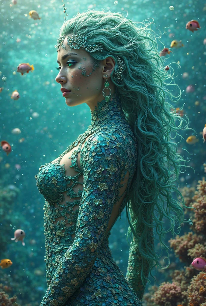 Very intricate, highly detailed 8k ultra-high definition cinema lighting, a beautiful highly detailed mermaid with crystal scales and armor colored blue and green with braided green hair very intricate and green glowing eyes, background an ocean with lots of colored fish swimming, in the water fish make a big number 2 and at the top in coral spell out Seaart.AI