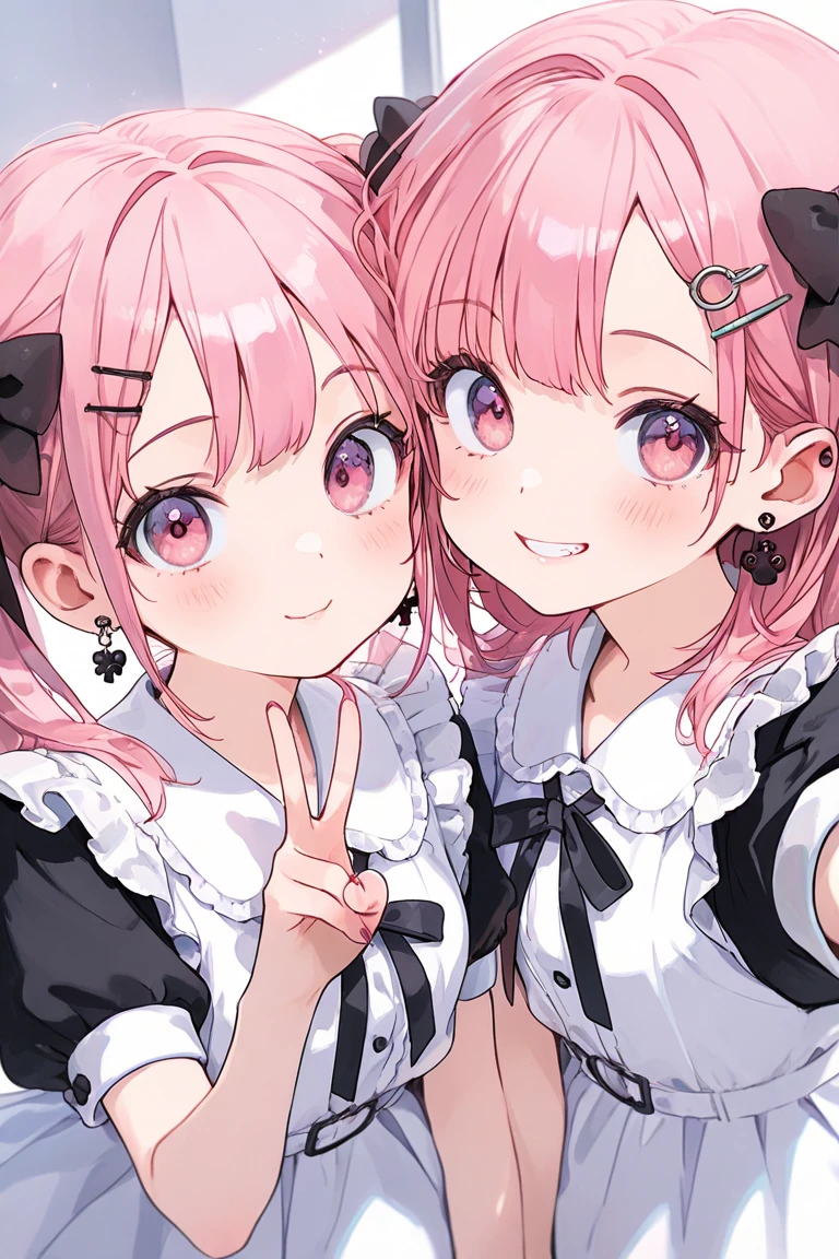 2girls，Girl1：，adolable，A pink-haired，long whitr hair，girl 2：Black color hair，long whitr hair，Touch each other's chests
