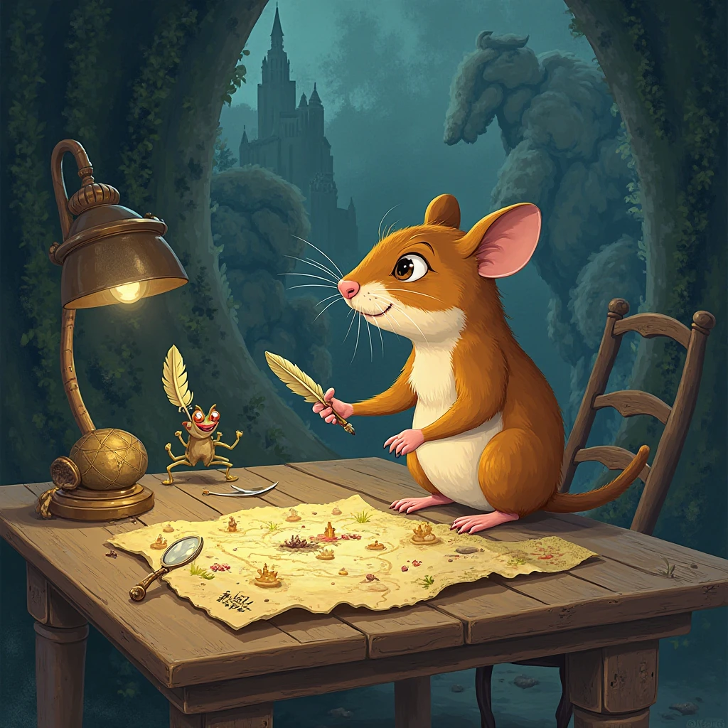 *Chapter 2: THE BIG FLAT**  
** Prompt for illustration :**  
"Create a scene that shows Cocoa, The pathfinder hamster, drawing up her map of the 'Kingdom of Under the Table'. She is surrounded by magical objects: a feather that writes alone, a magnifying glass that reveals details invisible and a shiny scroll with imaginary land symbols. Ao fundo, the table rises like a dark castle, with legs sculpted like towers and shadows that suggest curious creatures watching. The environment must convey planning and mystery, with shades of amber and sky blue."  

**Alternative for Writing:**  
"Describe the process of Cocoa creating her map, including a dialogue with a secondary character (ex: a cartographer cricket who advises her). Explore the challenges of mapping an ever-changing world and the magical symbols she uses to mark dangerous locations or hidden treasures."  
