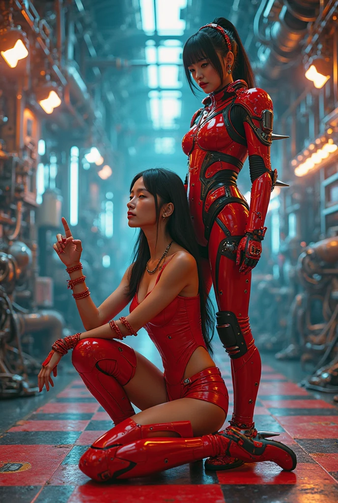 A UHD 8K cyberpunk scene filled with intricate details and colorful lightning flashes. The background features complex machinery, cables, and glowing lights. In the foreground, a beautiful Japanese woman kneels on a checkered floor, wearing a red outfit with mechanical accessories like high-tech boots and futuristic bracelets. Behind her stands an elegant Korean woman in advanced red and black armor adorned with spikes and sophisticated mechanical components. The vibrant composition combines sleek futurism and industrial aesthetics, creating a stunningly detailed and immersive atmosphere.