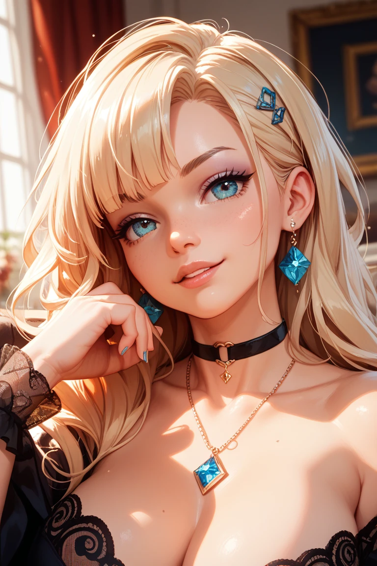 (highest quality, High resolution, masterpiece :1.3), 25-year-old Caucasian woman、platinum blonde、blue eyes、semi-long、my hair is wavy、Hair is tied up、smile、Slender but well-proportioned muscular body、wearing red nail polish、open lips、putting index finger on lips、Upper body close-up