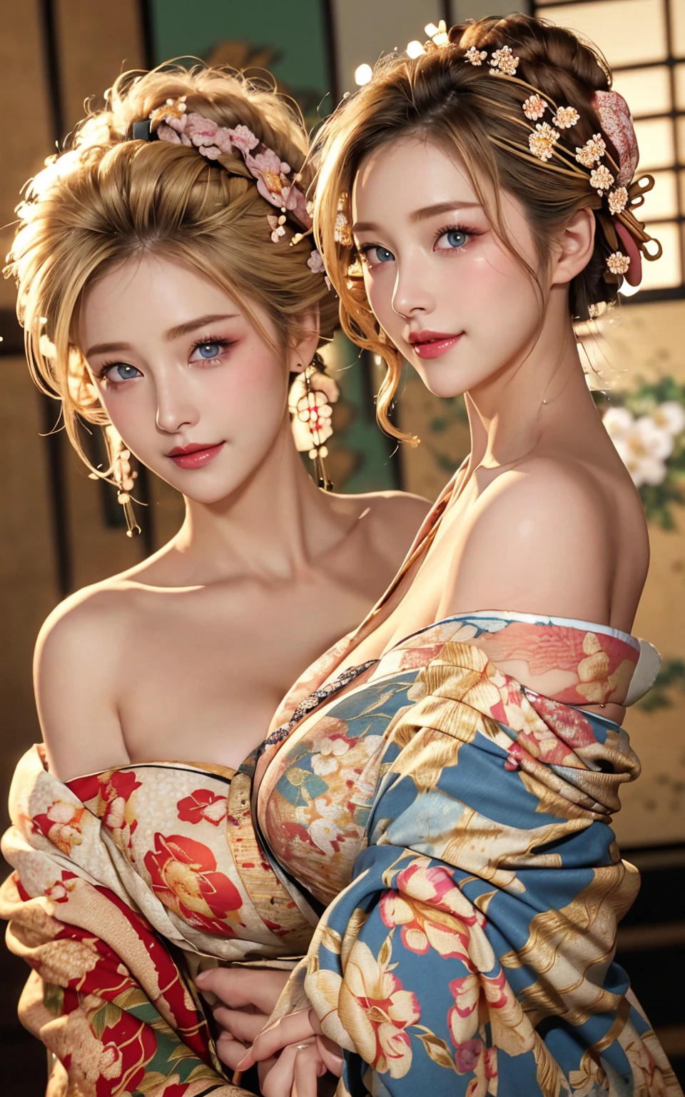 A fusion of watercolor and oil painting, A fusion of paper cutting and shadow art, Mix of Japanese paintings, Ukiyo-e and woodblock prints, Mixing monochrome and color, Conceptual installation art, Beautiful Princess, Enchanting and seductive expression, compensate, Best body shape, Wearing a colorful Japan kimono, (Super detailed, The absolute solution, Highest quality:1.3), 2.5D, delicate and dynamic, artistic, Hyper, Graphics CG Digital Art, Background of rainbow colored old Japanese paper info 8k,beautiful,best quality,8k,beautiful,best quality, finely detailed,high quality,insanely detailed,masterpiece,ultra detailed,ultra highres,ultra quality, Grimace,Large eyes,Gold eyes,Small nose,Natural makeup,lipstick,eyeshadow,Flipped hair,Blonde hair,Serene beach at sunset,Japan,nsfw,revealing colorful kimono,cleavage,Earrings,Butterfly,from front,cowboy shot,Slender,Cowboy Shot,Sunset,Dazzling Display,Ethereal Mist,A fusion of watercolor and oil painting, a fusion of cutouts and shadow pictures, a mix of Japanese paintings, ukiyo-e and woodblock prints, a mix of monochrome and color, conceptual installation art,